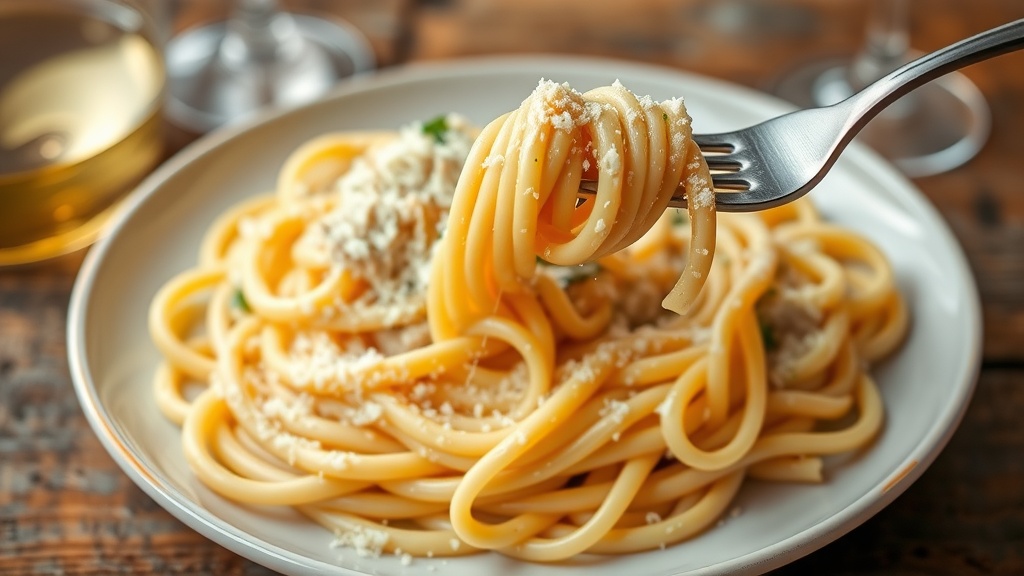 Creamy Fettuccine Alfredo Recipe A delicious serving of Fettuccine Alfredo pasta garnished with Parmesan and parsley, with wine in the background.